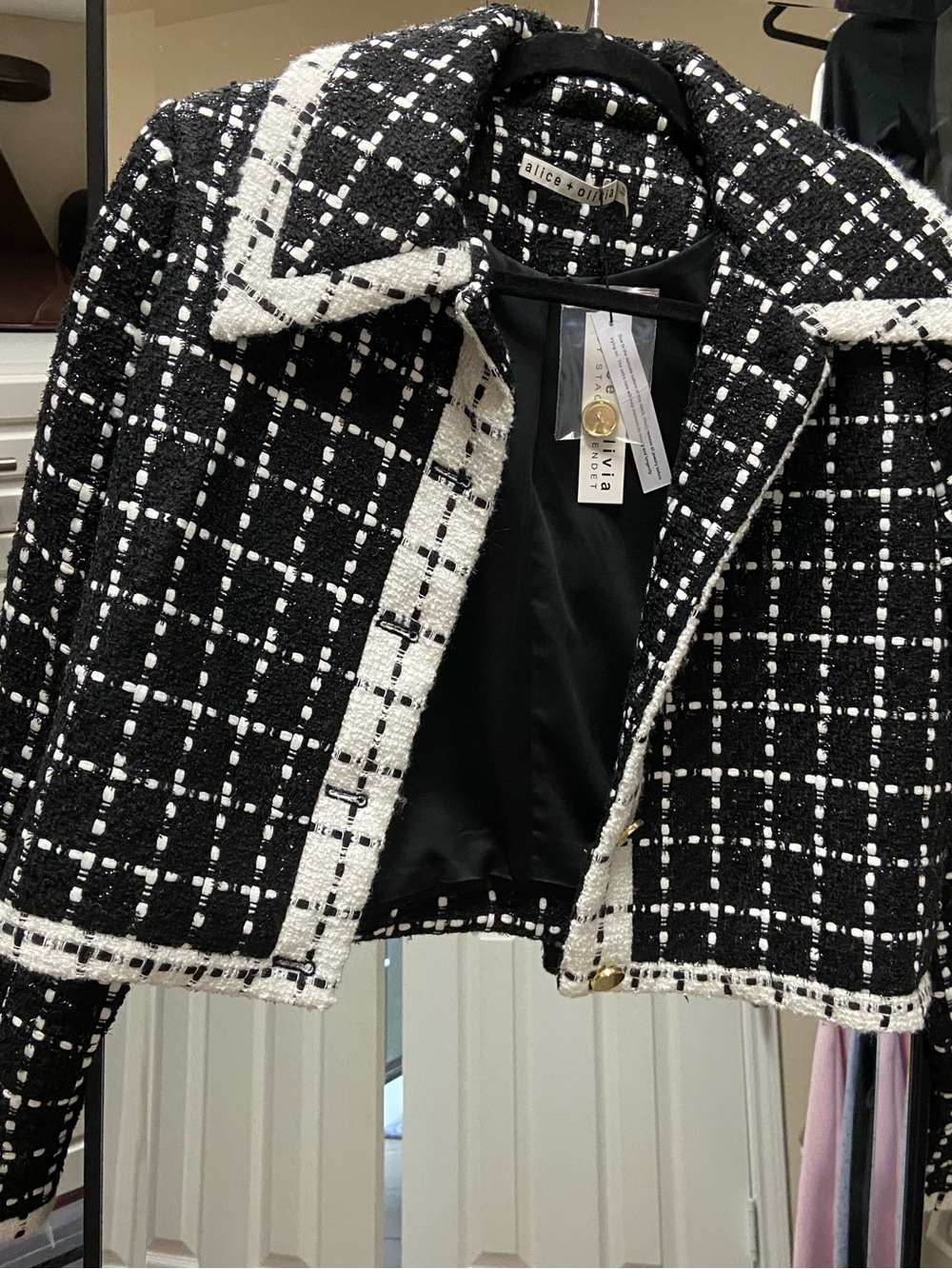 Alice + Olivia Black and White Tweed Cropped Blazer